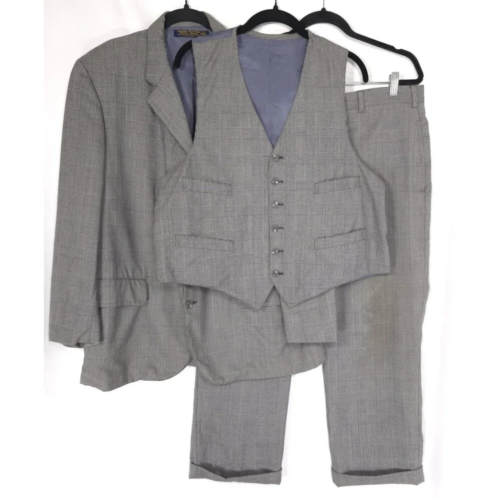 BROOKS BROTHERS Golden Fleece 3pc Suit 43SH Jacket Vest Pants 34x25 Wool USA VTG